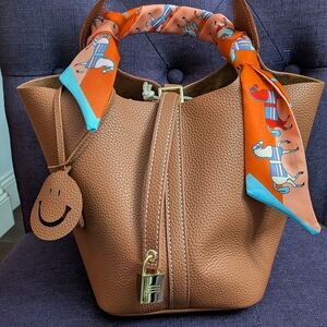 Tan Leather Tote Bag with Scarf Accent